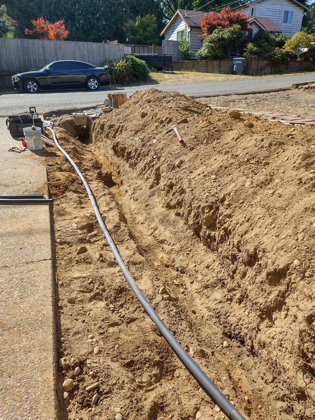 Piping laid along an exterior trench.